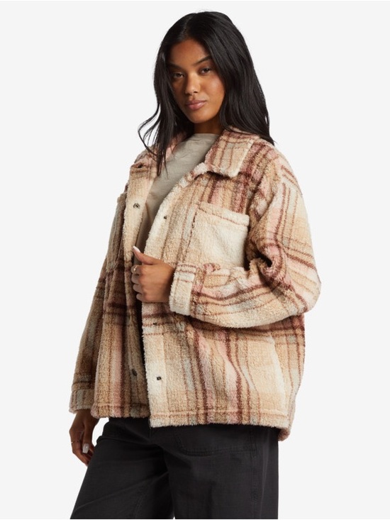 Billabong Jackets & Blazers - Billabong Plush Plaid Teddy Jacket in Cream and Pink Sherpa